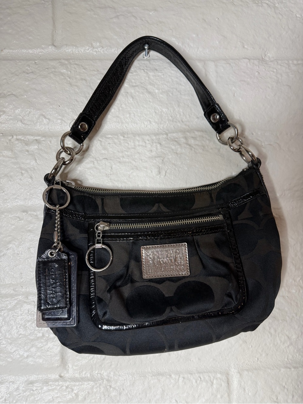 Coach Poppy OP Art Black Signature Shoulder Bag with Metallic Logo. 14562